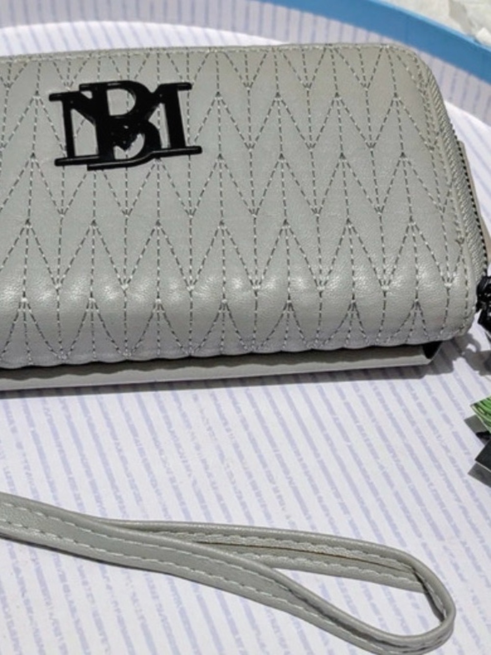 Badgley Mischka Light Gray Quilted Wristlet Clutch